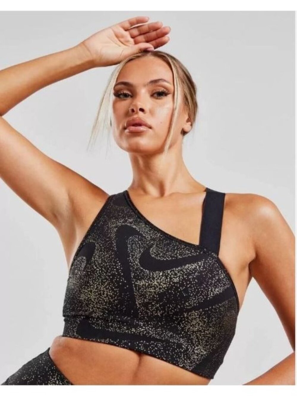 Nike Sports Bra DQ5242-010 Black Gold Swoosh Asymmetrical Non-Padded SMALL NWT